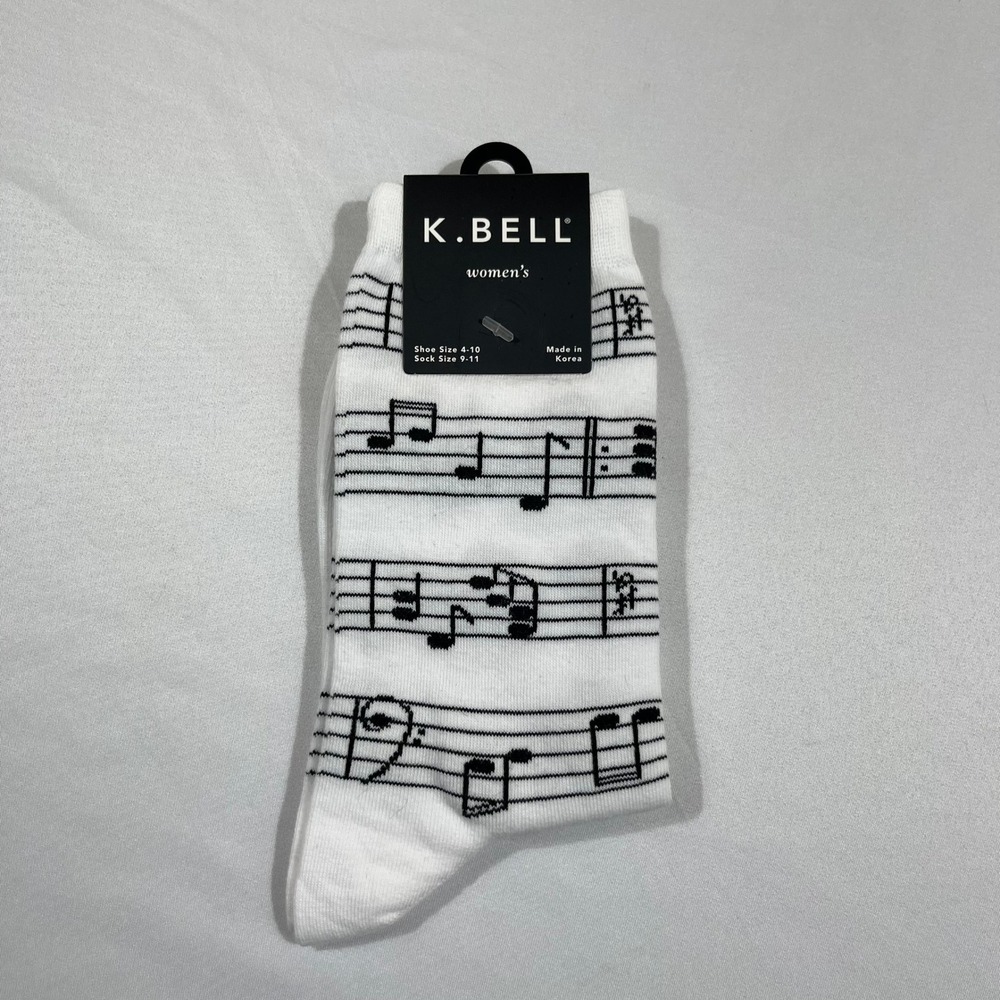 K. Bell Music Note Crew Socks Women 9-11 White Black Novelty KBWF15H061-01
